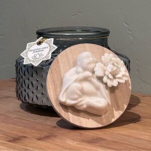 East West Healing Grey Jasmine Scented Candle With Buddha Statue Bamboo Lid NWTS